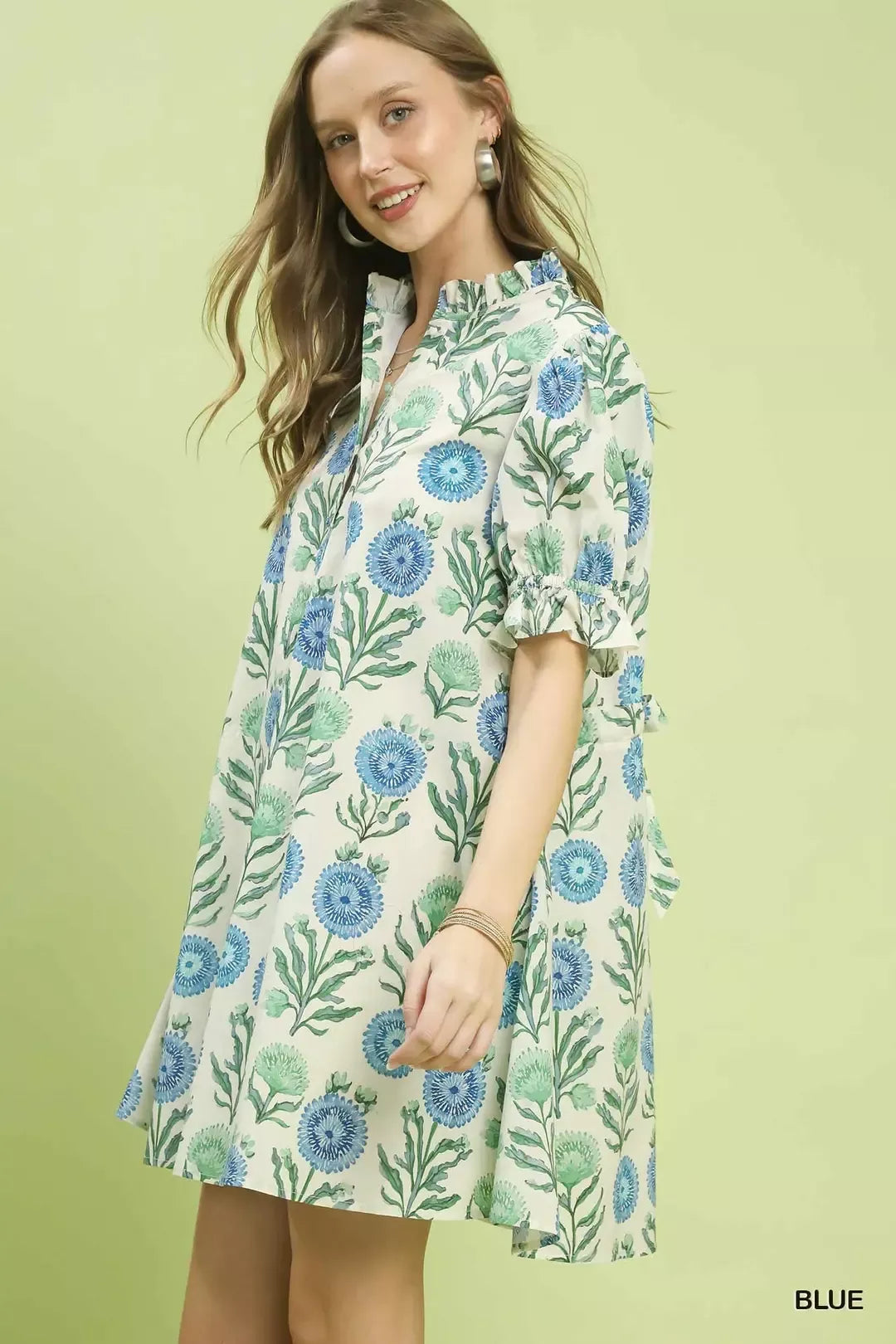 Umgee Floral Puff Sleeve Babydoll Dress with Side Pockets