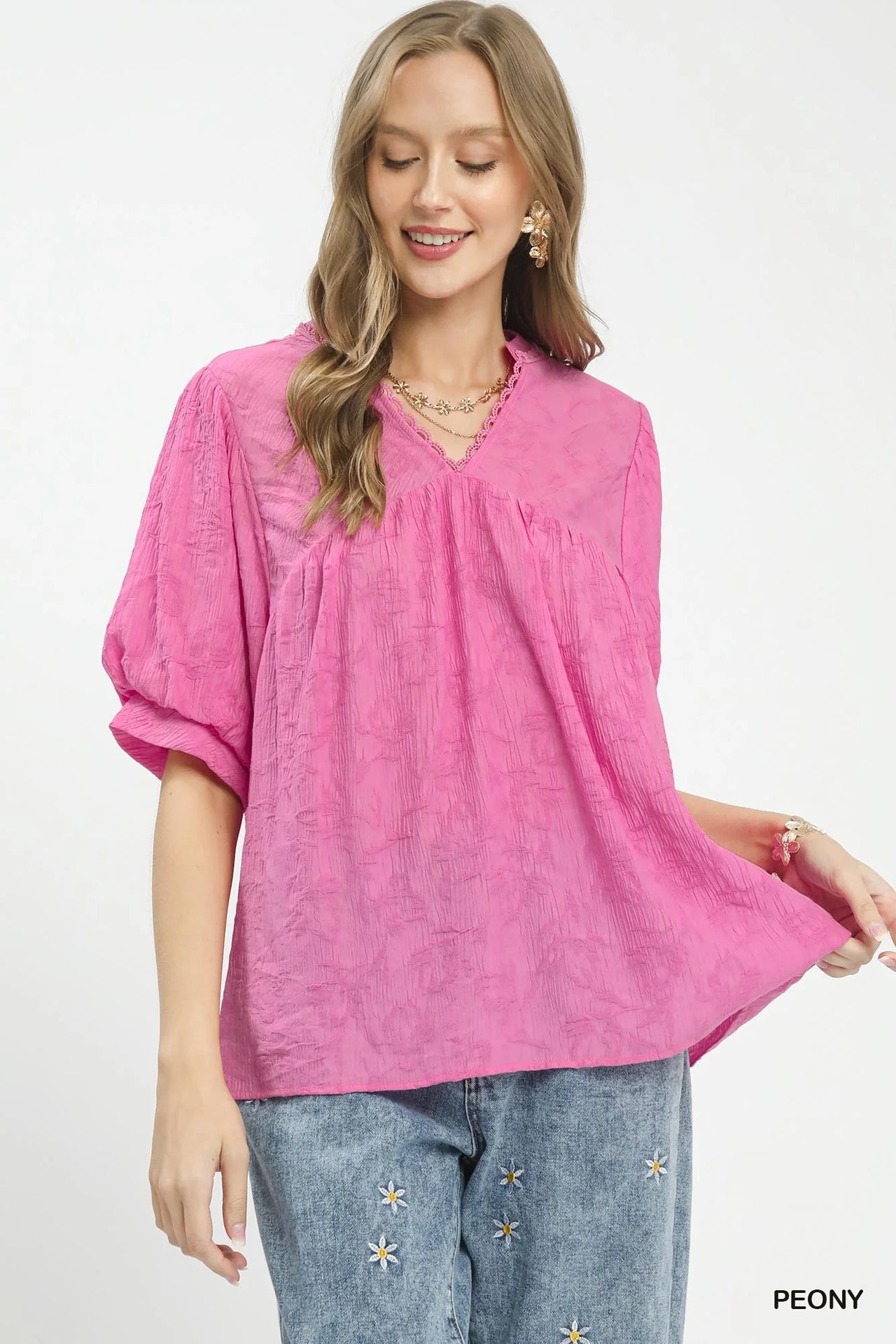 Umgee Textured Lace Trim V-Neck Boho Blouse