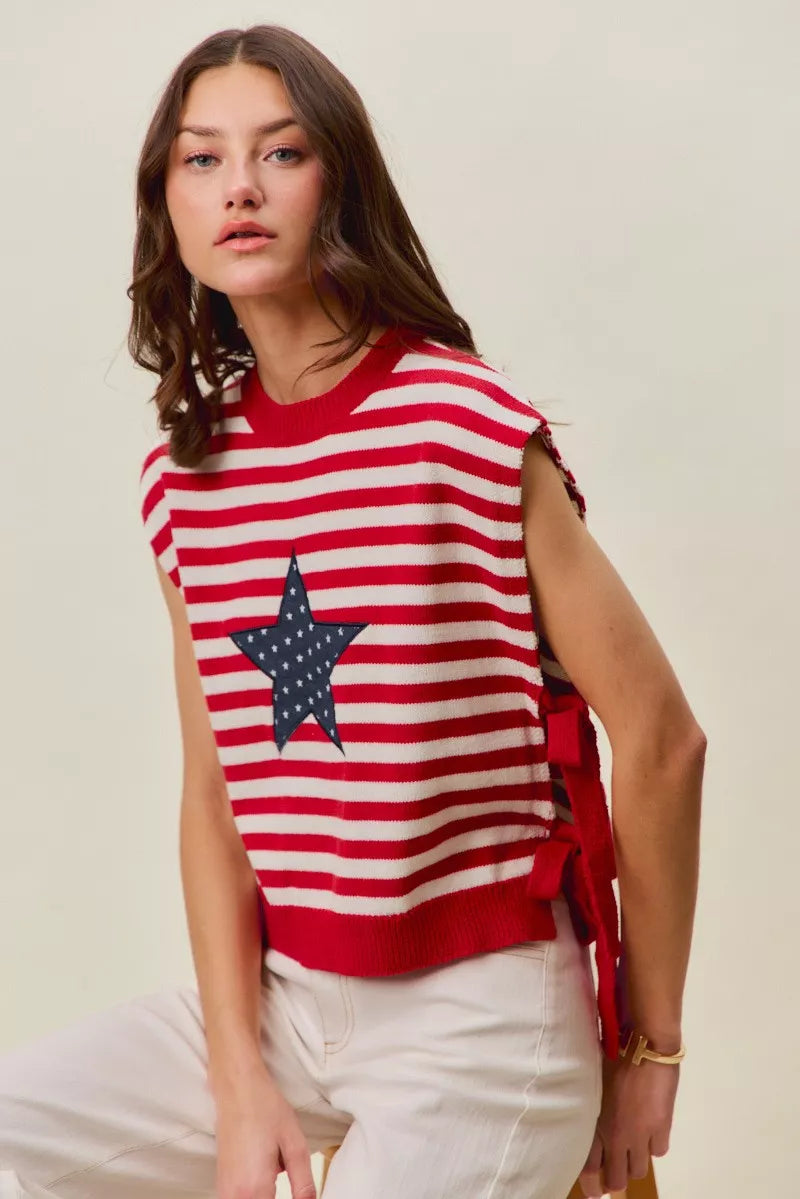 SO ME Stripe Star Patch 4th Of July Side Tie Vest Top