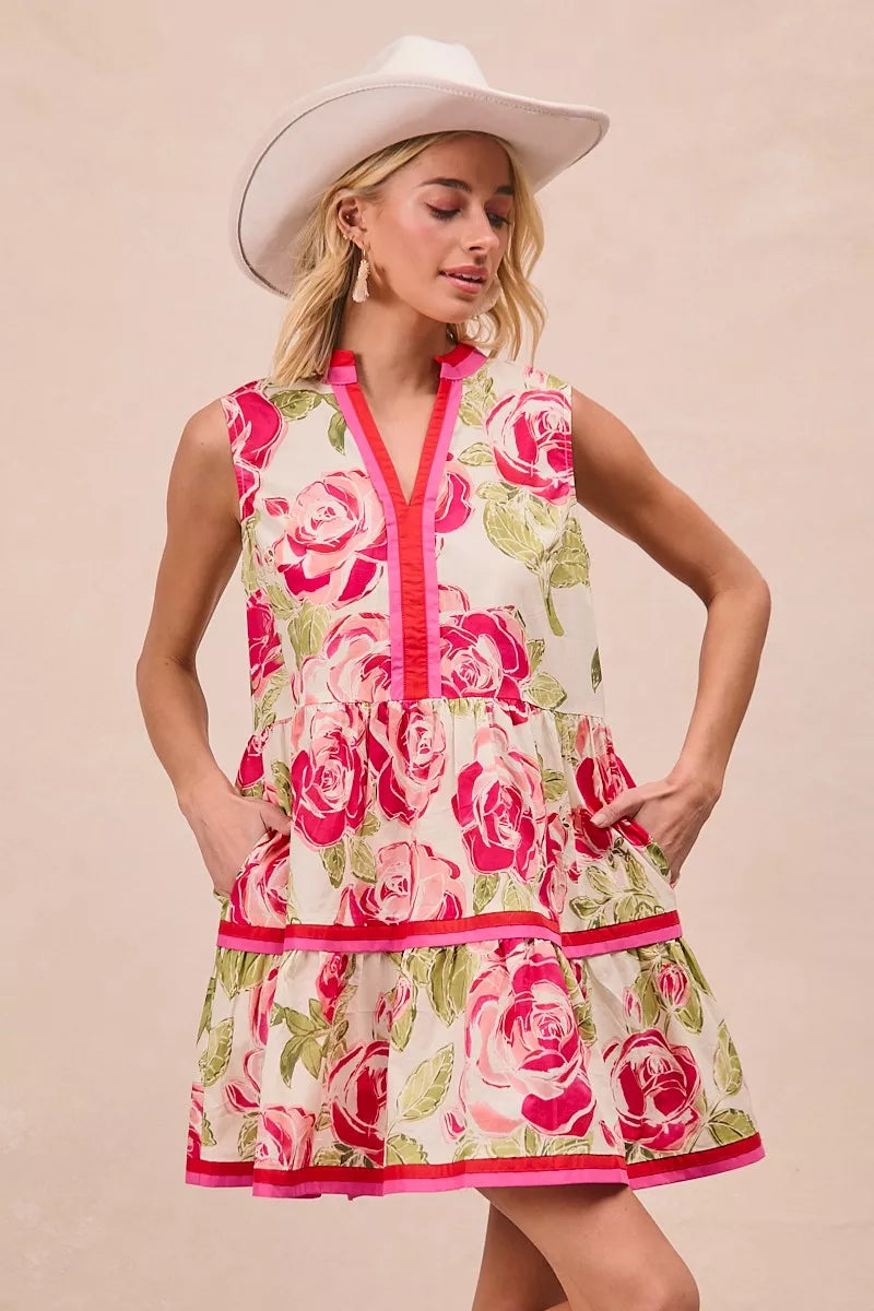 BiBi Floral Woven Contrast Edge Tiered Ruffle Mini Dress