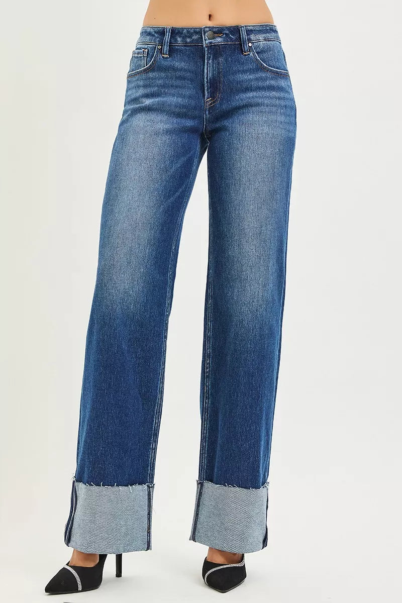 RISEN Mid Rise Wide Straight Jeans With Wide Cuff