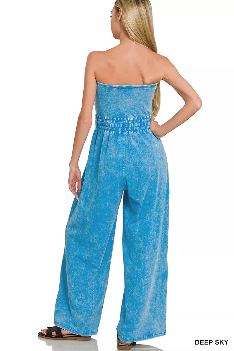 Zenana Acid Washed Strapless Tube Top Jumpsuit