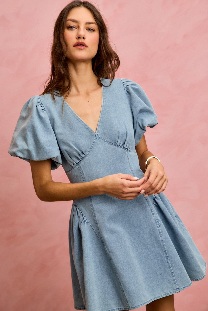 SO ME Bubble Sleeves Denim Fit And Flare Mini Dress