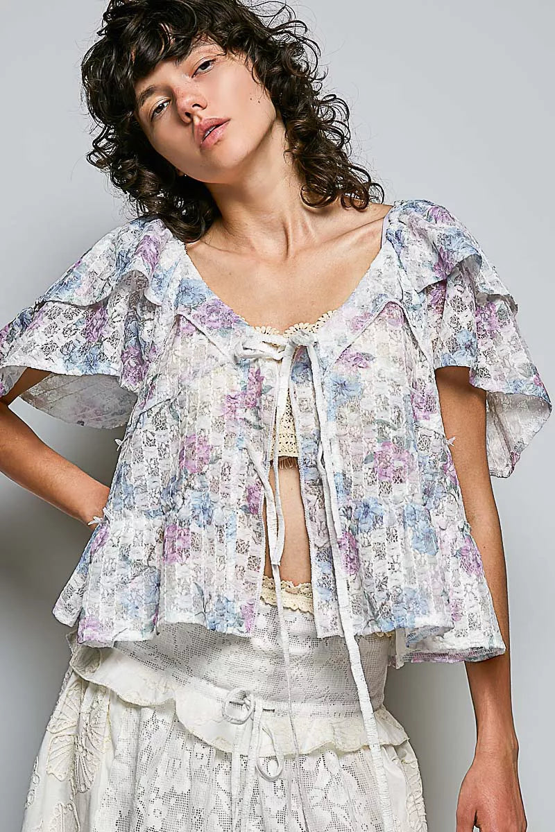 POL Lace Detail Floral Tie Front Ruffle Short Sleeve Blouse