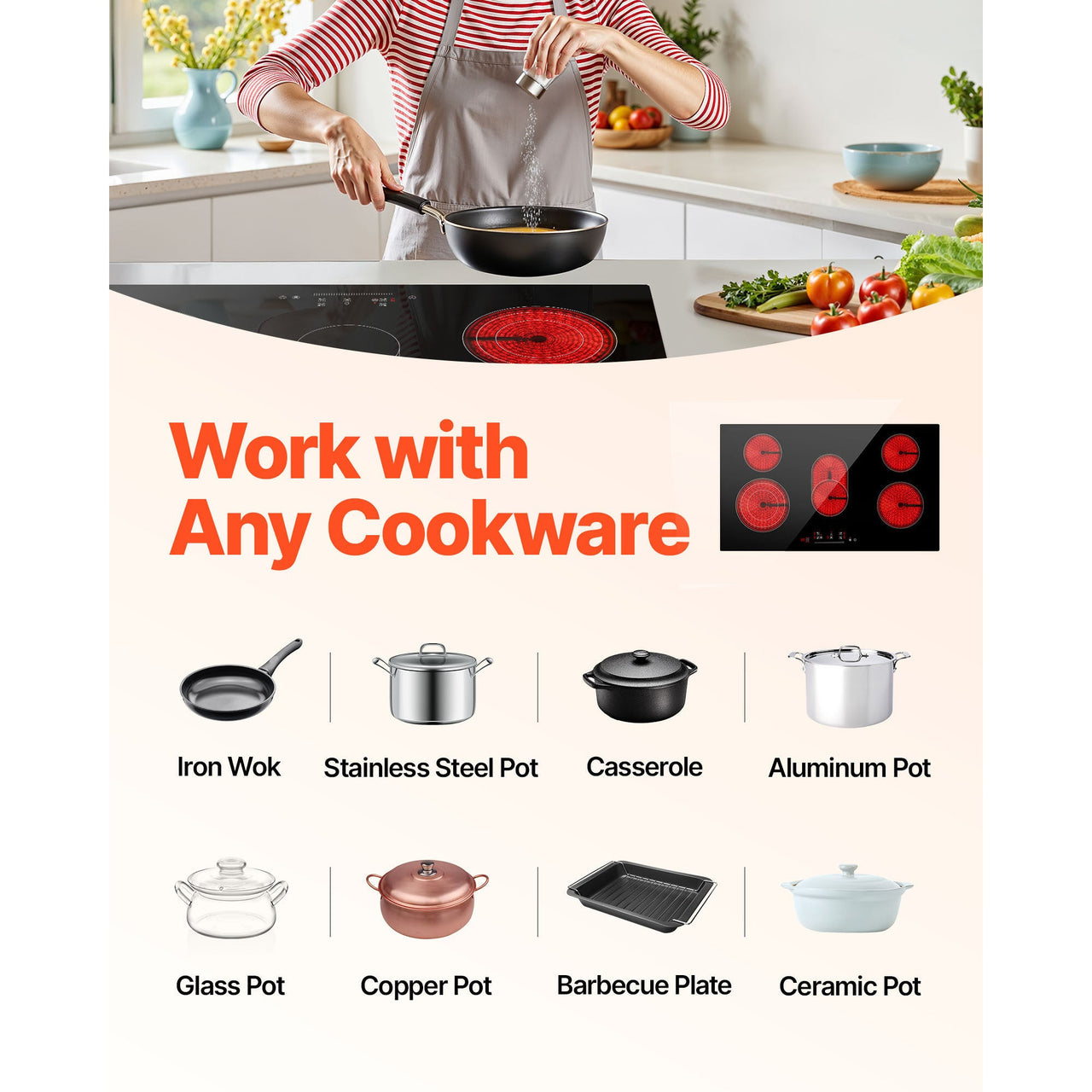 Built-in Electric Cooktop Radiant Ceramic Cooktop 5 Burners 35.4x20.5 inch