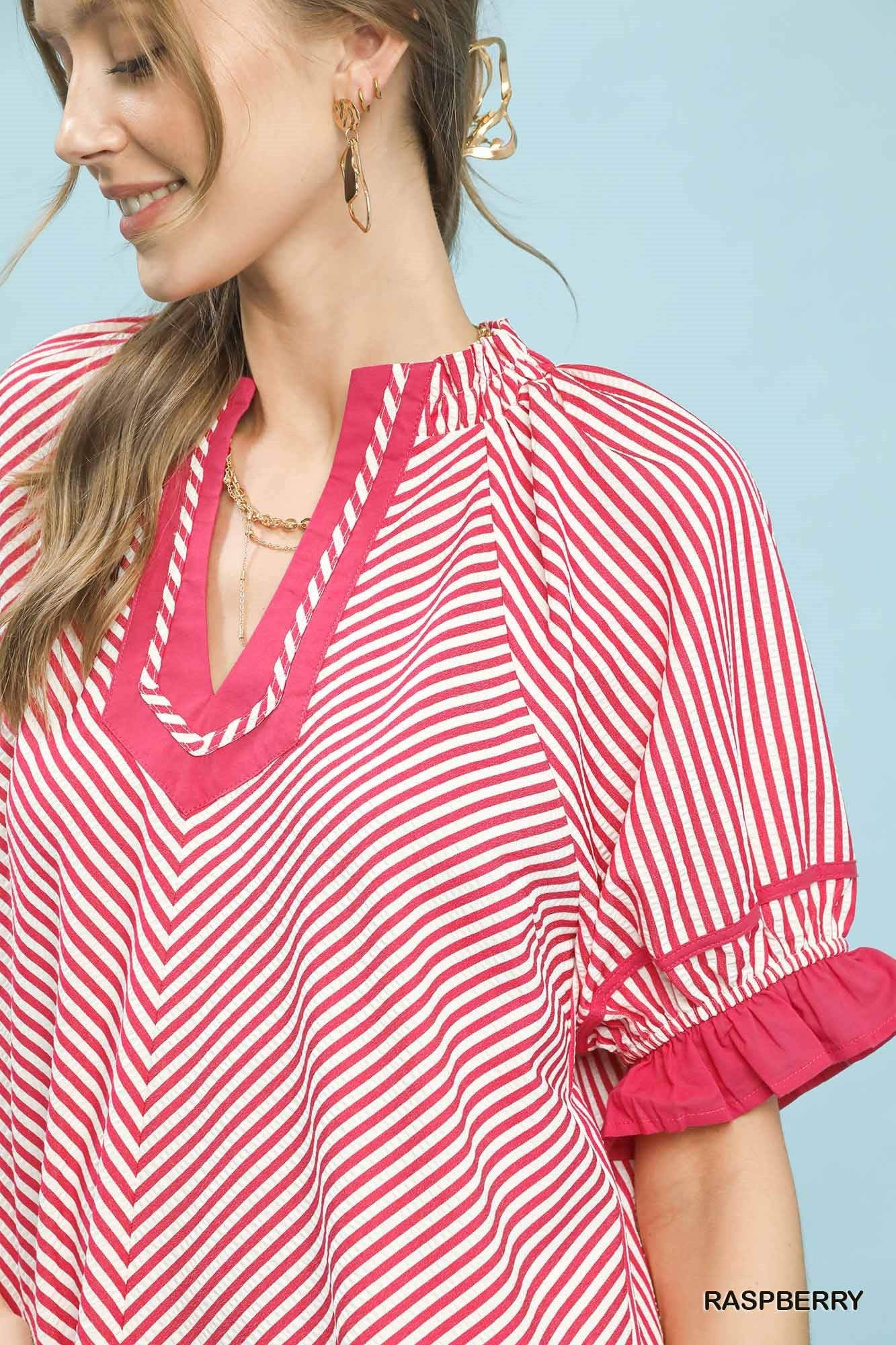 Umgee Stripe Ruffle Sleeve Split-Neck Blouse