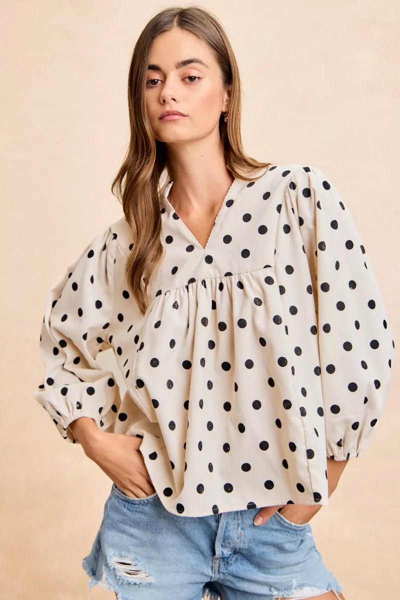 BiBi Polka Dot Corduroy Quarter Sleeves V Neck Blouse