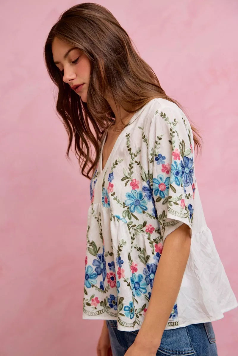 SO ME Floral Embroidered Baby Doll Blouse Top