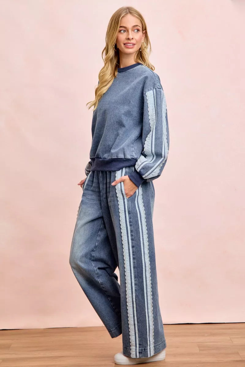 BiBi Washed Denim Lace Contrast Sided Sweatshirt