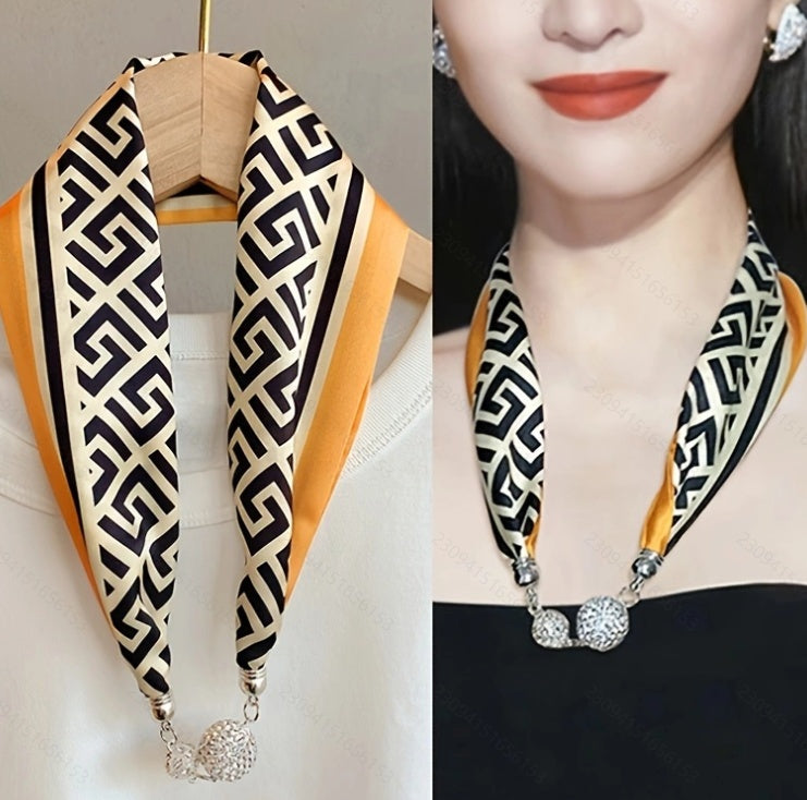 Magnetic Buckle Silk Women Scarf Pearl Necklace (See size chart where applicable)