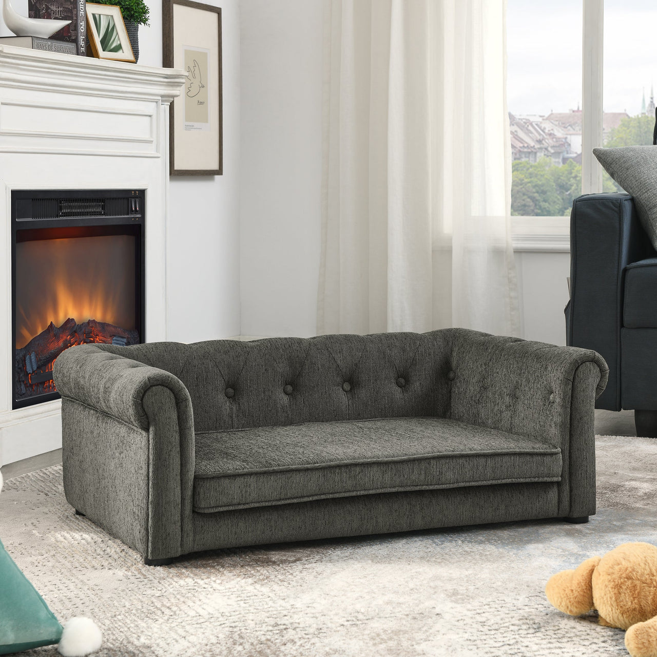 Modern Style Elegant Rectangle Pet Bed for Small and Medium Dogs, Durable Elevated Dog Sofa, Dark Grey Foam
