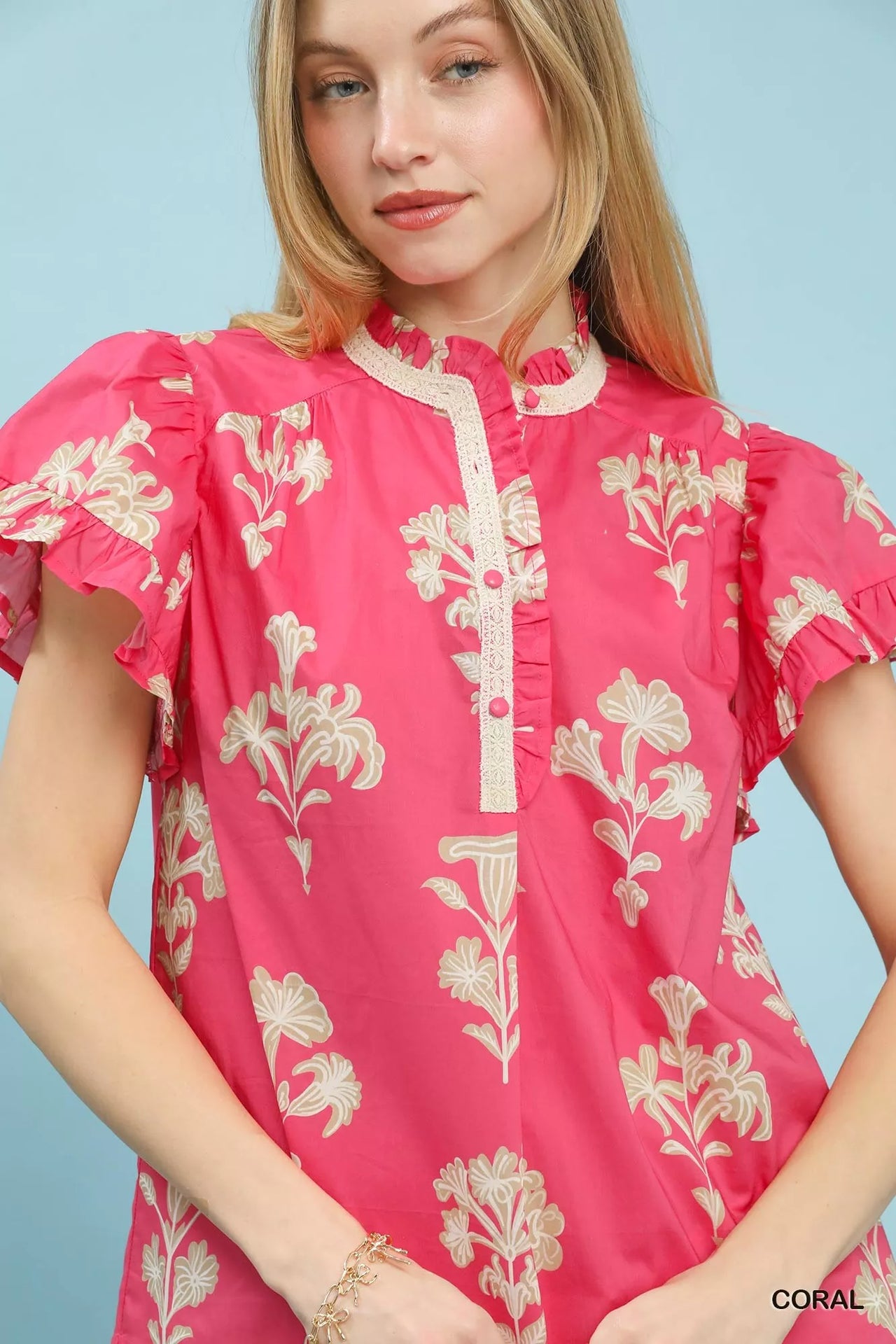 Umgee Floral Ruffle Sleeve Split-Neck Top