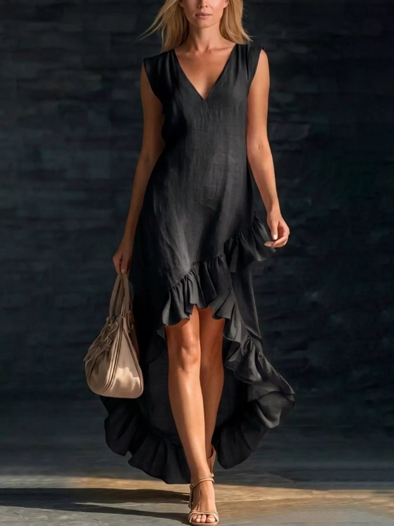 Full Size V-Neck Ruffle Hem High-Low Dress Plus Size