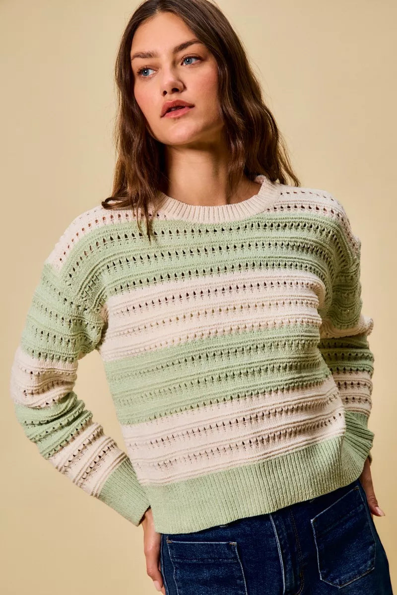 SO ME Openwork Round Neck Wide Stripe Textured Sweater