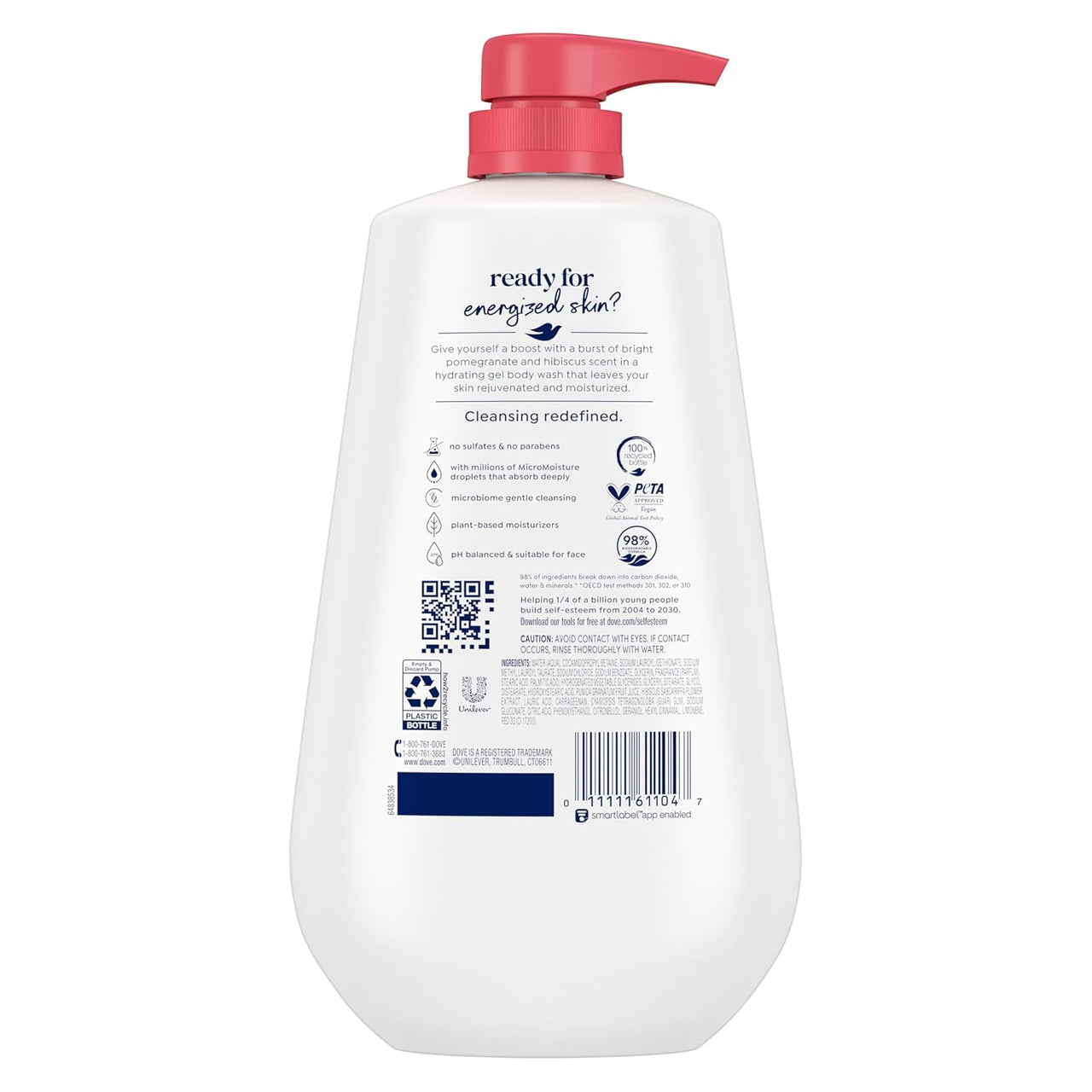 Dove Body Wash with Pump Rejuvenate Pomegranate & Hibiscus for 24hr Lotion-Soft Skin Moisturizing Skin Cleanser with No Sulfates No Parabens 30.6 Oz