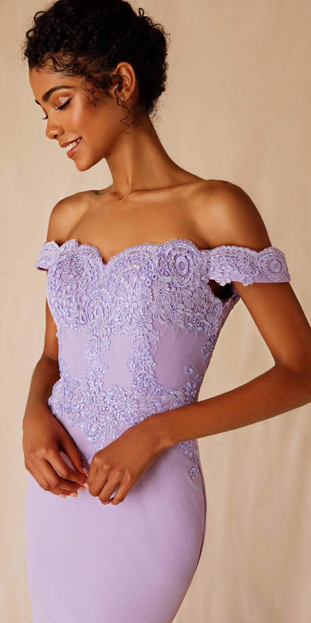 CLEARANCE - Eureka 7100 Lace Appliqued Bodice Long Dress Off-Shoulder (Size S)