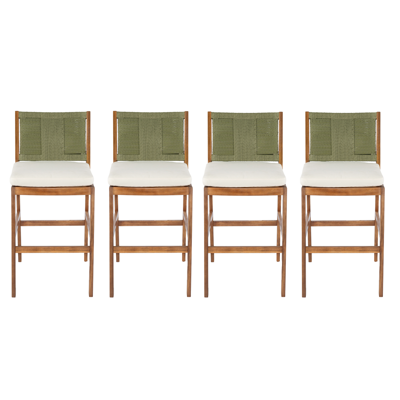 4 Pieces Arly Green Outdoor Bar Stool Solid Acacia Wood and Woven Wicker