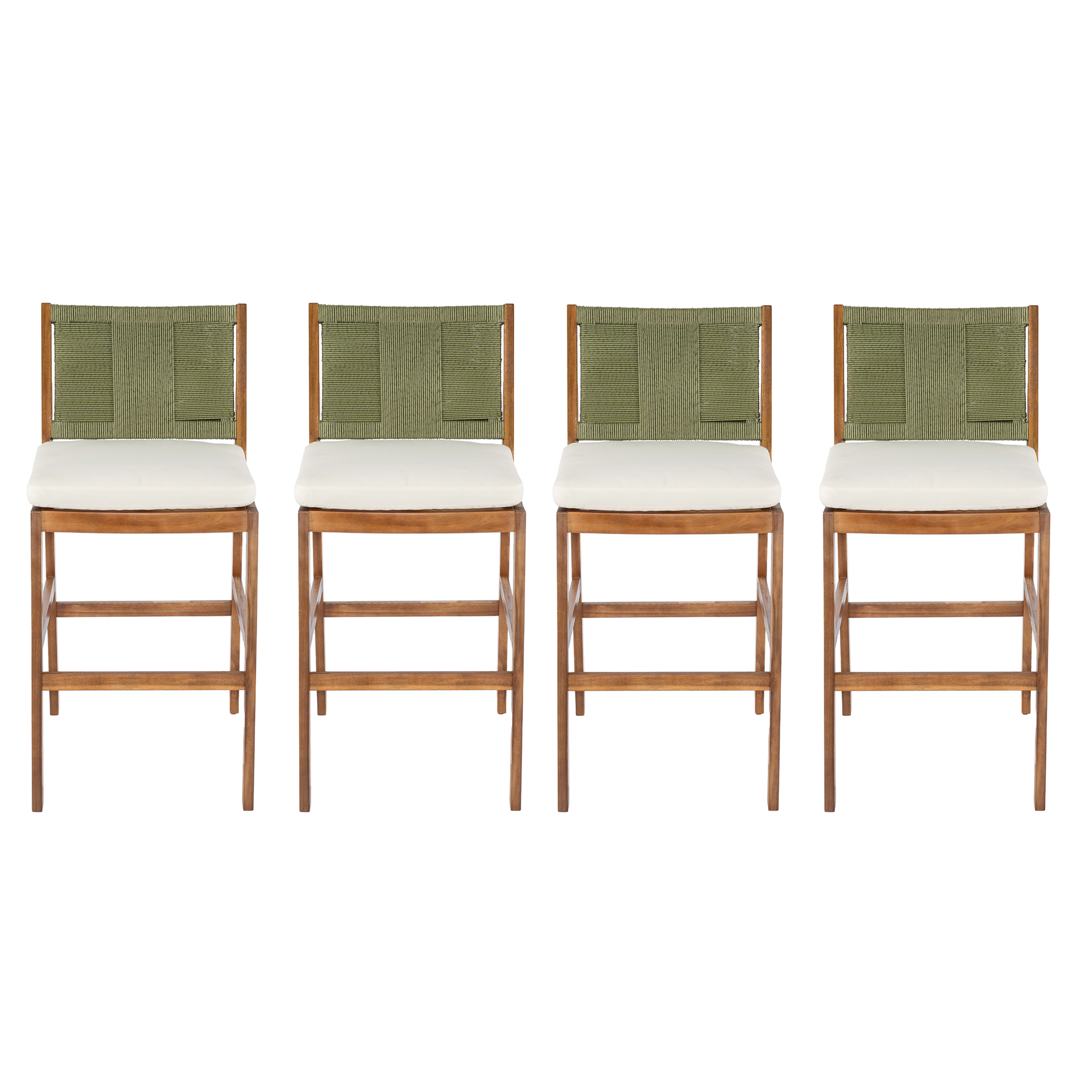 4 Pieces Arly Green Outdoor Bar Stool Solid Acacia Wood and Woven Wicker