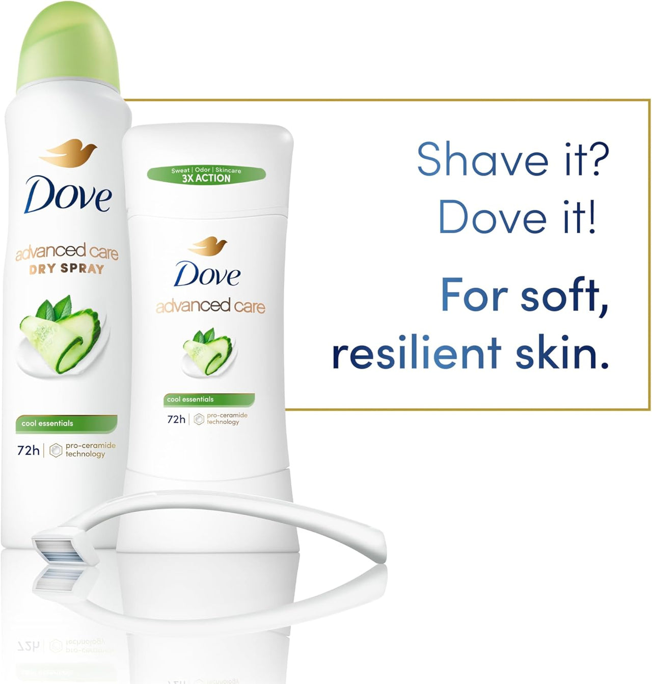 Dove Advanced Care Anti Deo Stick Cool Essentials Twin Pack for helping your skin barrier repair after shaving 72 h odor control and all-day sweat protection with Pro Ceramide Technology 2.6 oz