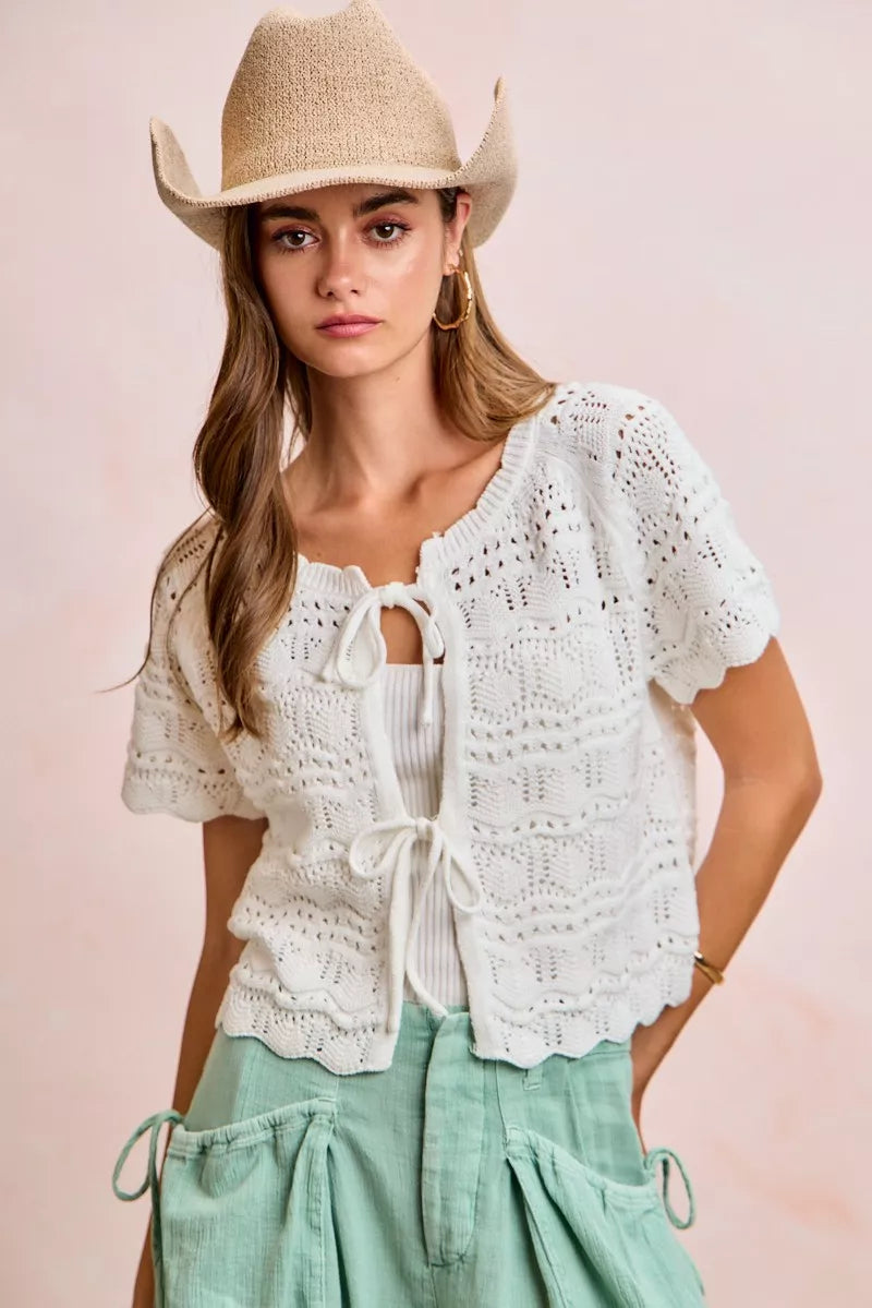 BiBi Front Bow Tie Detail Pointelle Knit Top