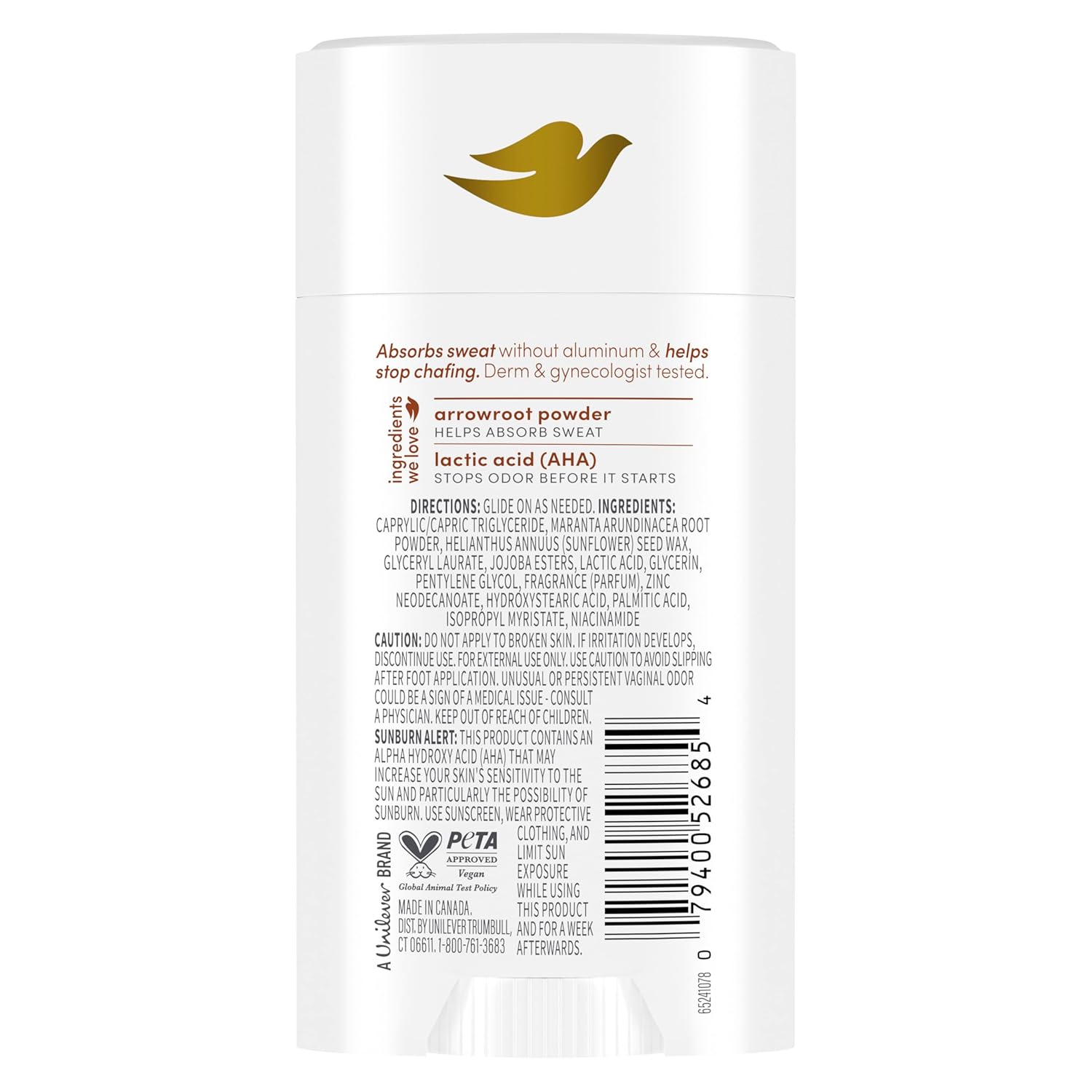 Dove Whole Body Deo Aluminum Free Anti-Chafe Deodorant Stick for Women Coconut Vanilla 2.4 oz