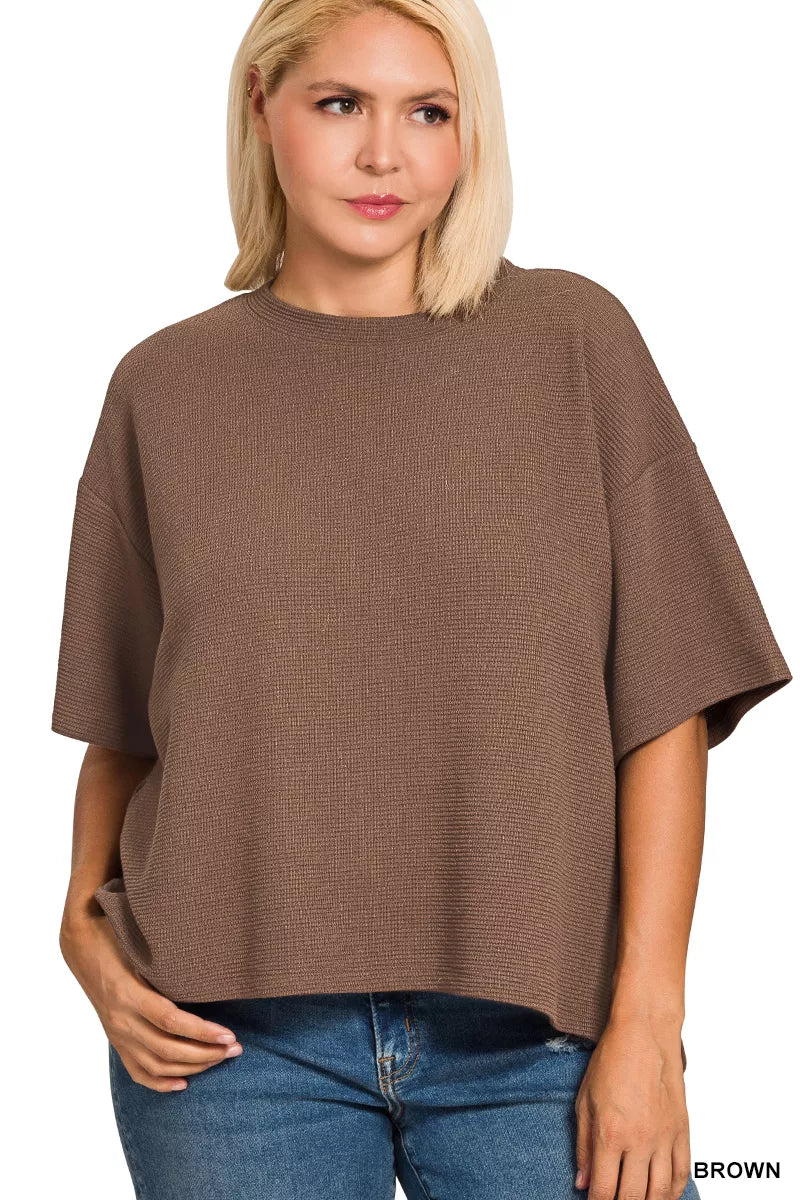 Zenana Full Size Double Knit Side Slits Hi Low Short Sleeve Top Plus Size