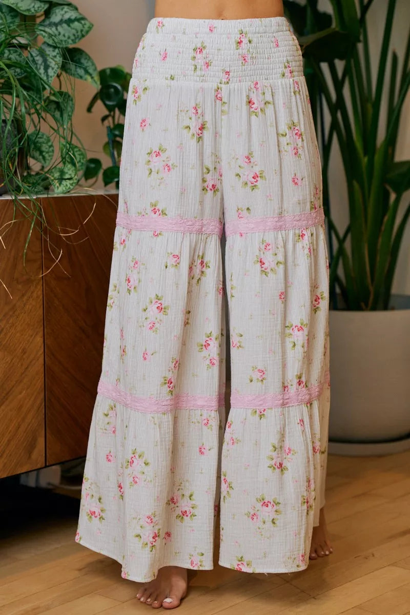 BiBi Rose Printed Gauze Trim Detail Smocked Maxi Pants