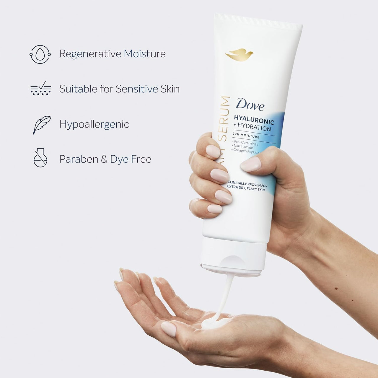 Dove Cream Serum Hyaluronic + Hydration for Extra Dry, Flaky Skin, with Pro-Ceramides, Niacinamide and Collagen Peptides Lotion, 8 oz