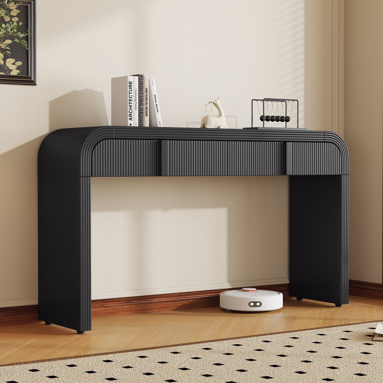 TREXM Modern Console Table with 2 Storage Drawers, Fluted Entryway Table with Rounded Silhouette for Hallway Living Room and Entryway (Black)