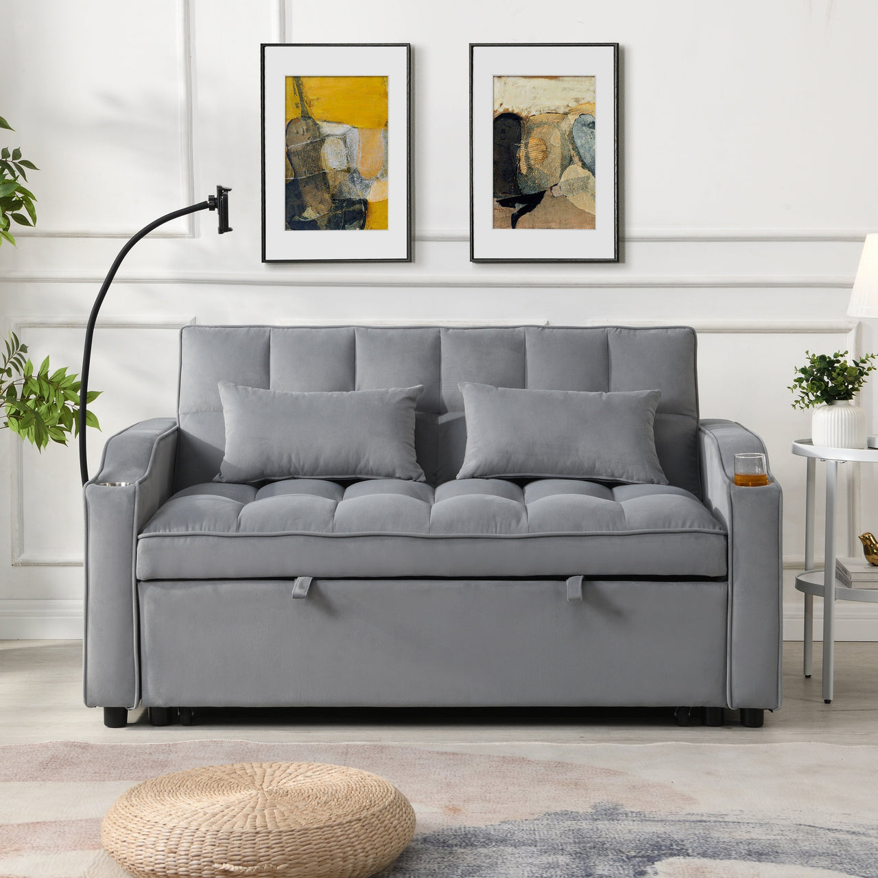 Modern Velvet Loveseat Futon Sofa Couch with Pullout Bed, Adjustable Backrest, Toss Pillows, Light Gray