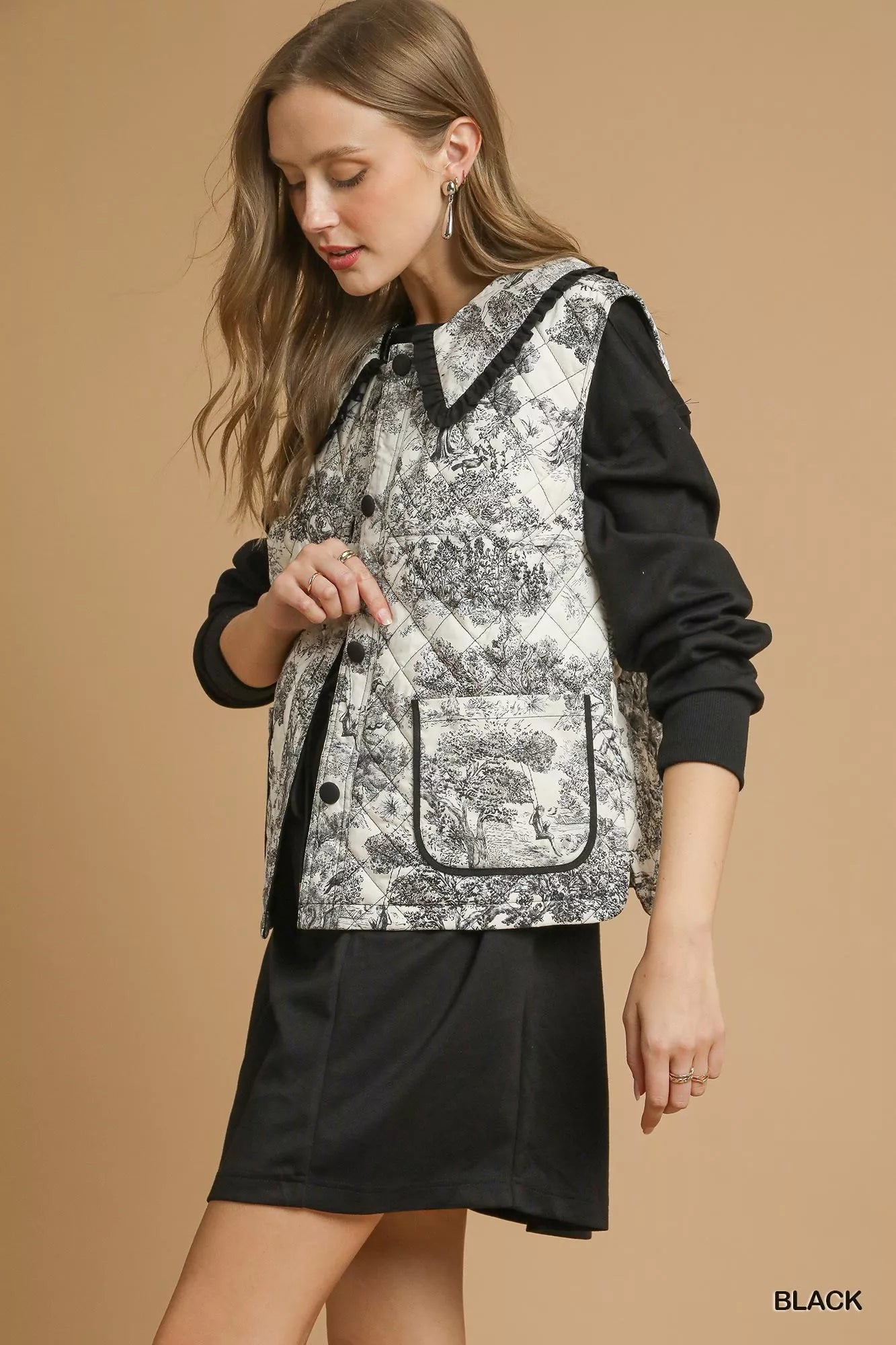 Umgee Toile Quilted Vest with Ruffle Collar