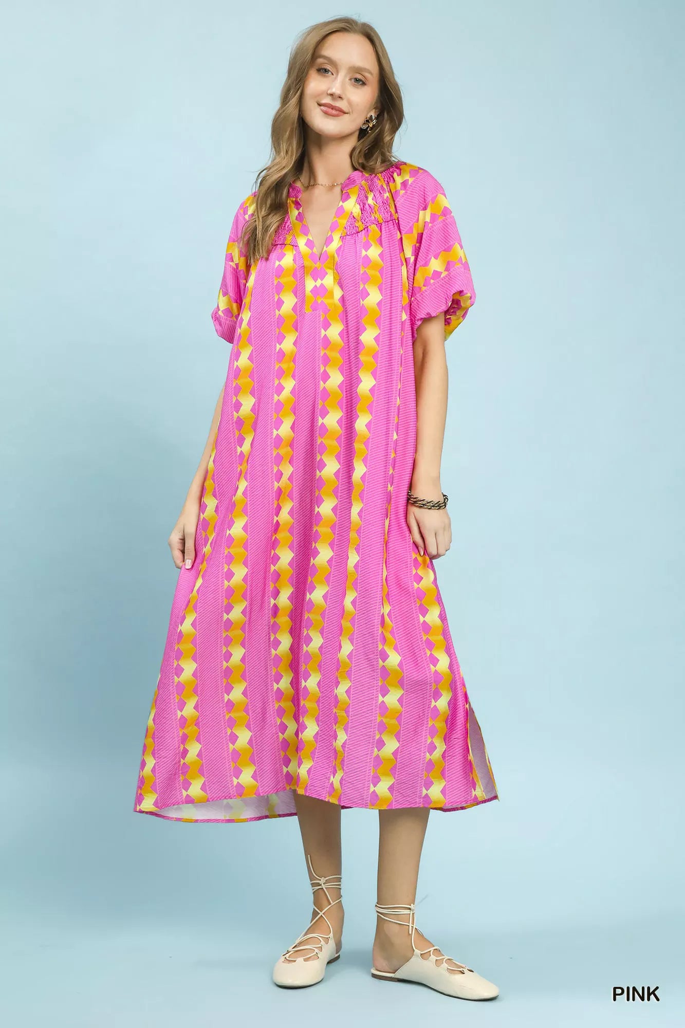 Umgee Geo Stripe Smocked Waist Tie Dress