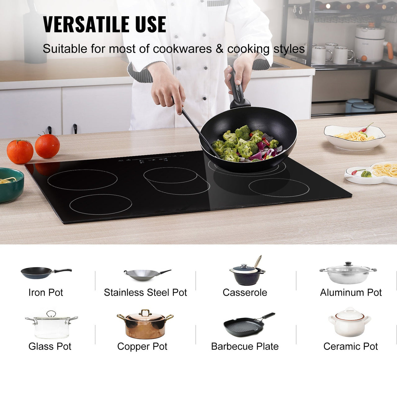 Built in Electric Stove Top, 30.3 x 20.5 inch 5 Burners, 240V Glass Radiant Cooktop with Sensor Touch Control, Timer & Child Lock Included, 9 Power Levels for Simmer Steam Slow Cook Fry