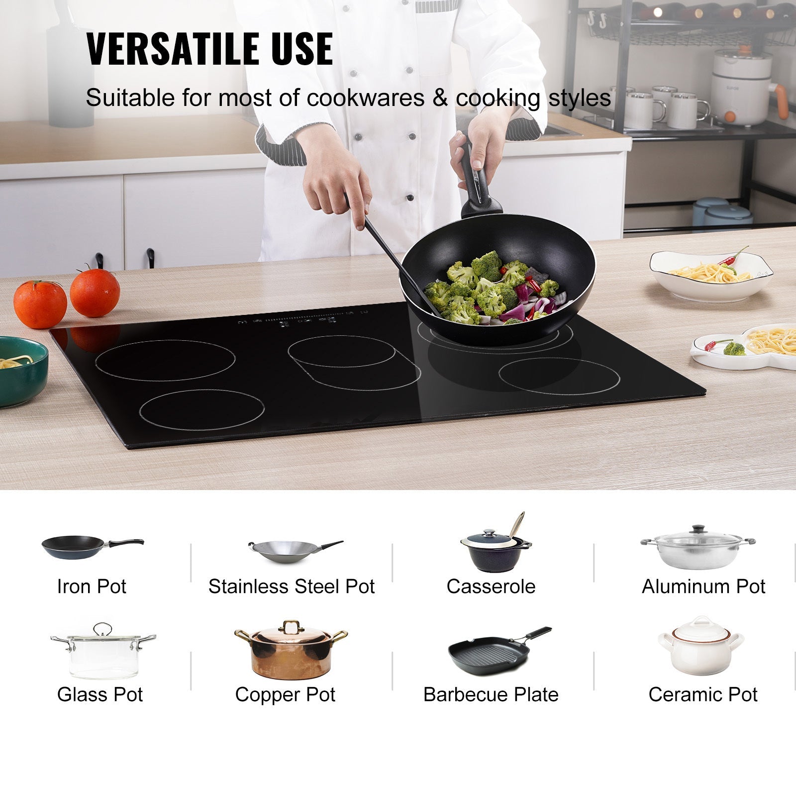 Built in Electric Stove Top, 30.3 x 20.5 inch 5 Burners, 240V Glass Radiant Cooktop with Sensor Touch Control, Timer & Child Lock Included, 9 Power Levels for Simmer Steam Slow Cook Fry