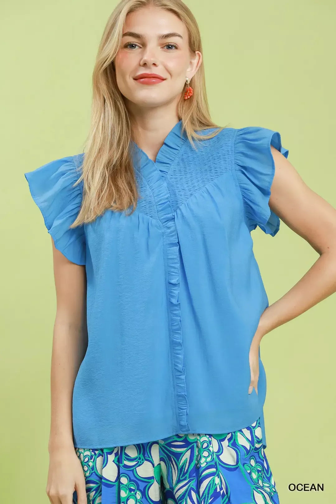 Umgee Smocked Yoke Ruffle Sleeve Blouse