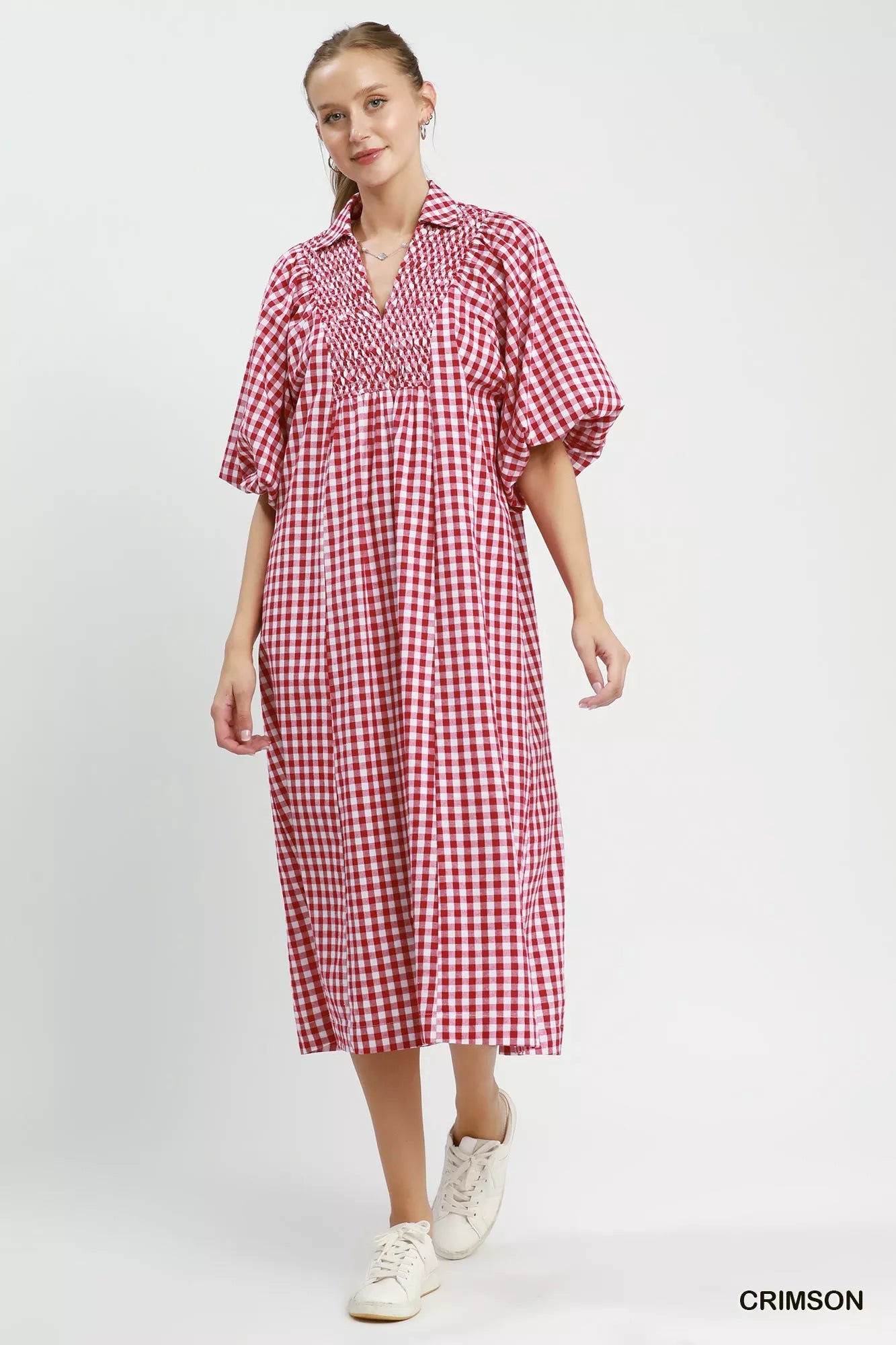 Umgee Puff Sleeve Plaid Midi Dress