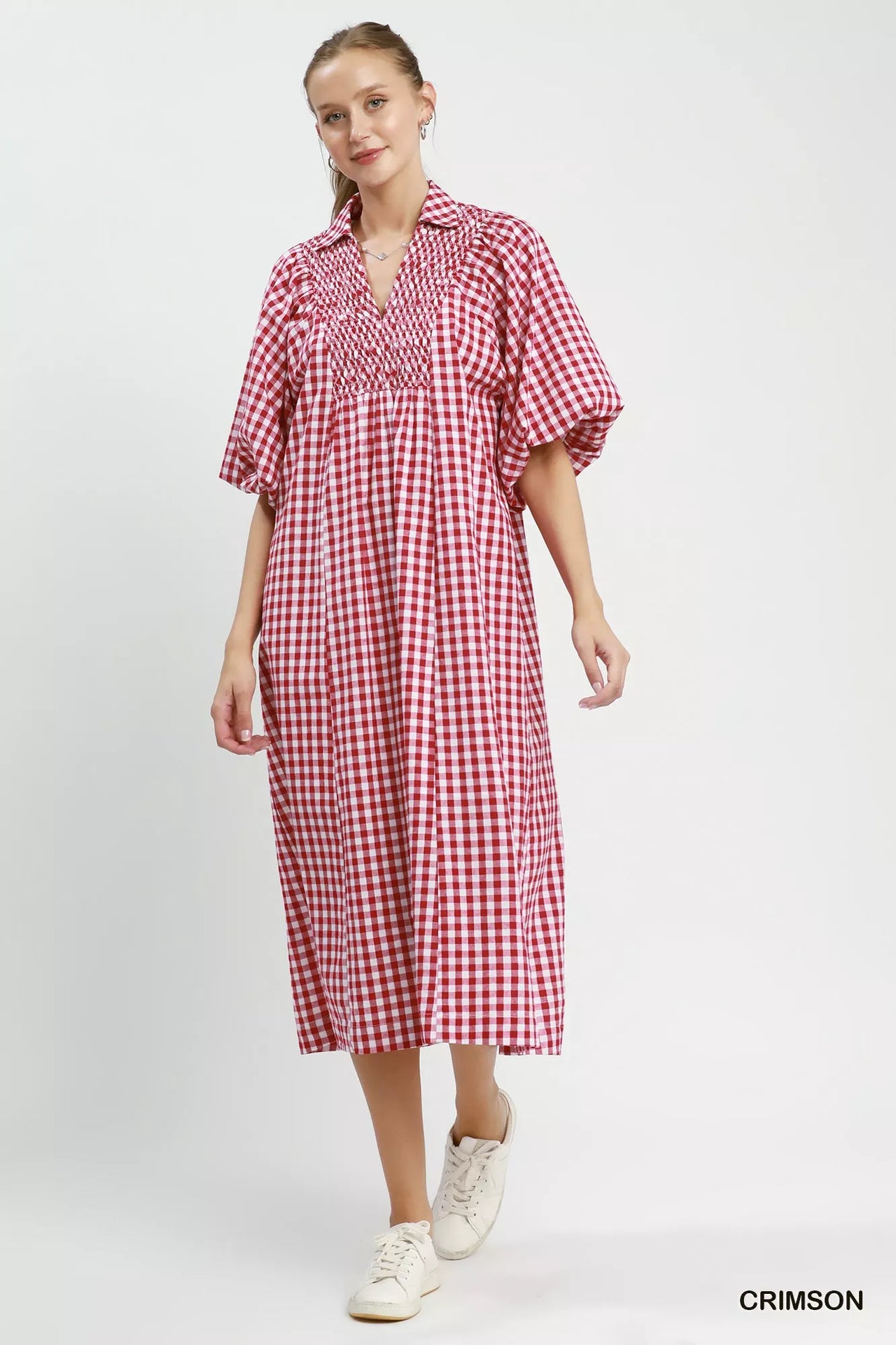Umgee Puff Sleeve Plaid Midi Dress