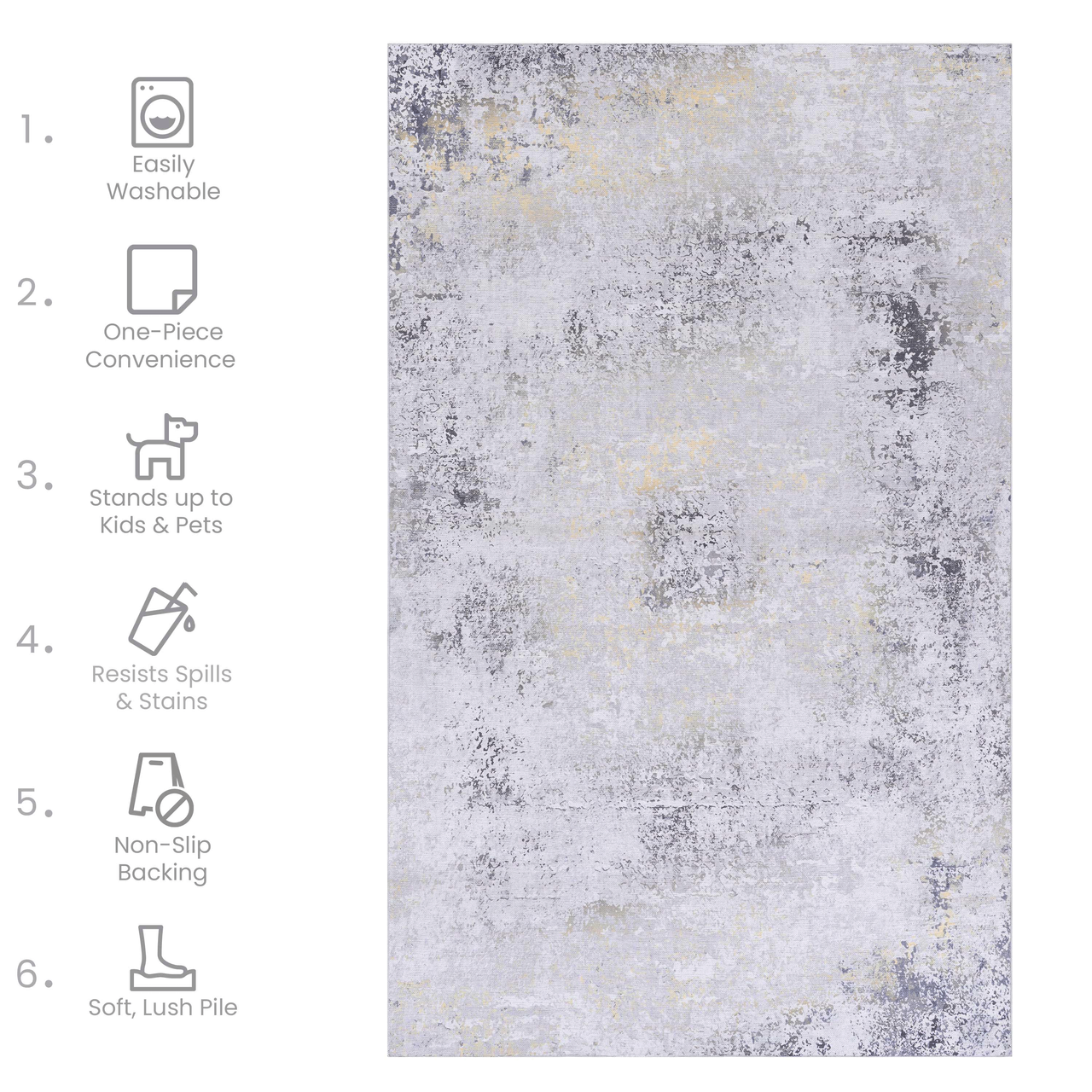 NAAR MAVAL Gold Washable Rug 5x8 Area Rug (Gray+Gold, 5' x 8')