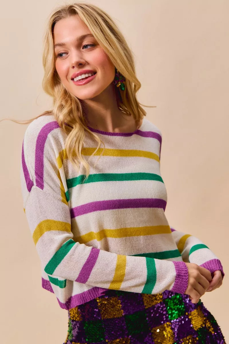 SO ME Mardi Gras Color Stripe Lightweight Sweater Top