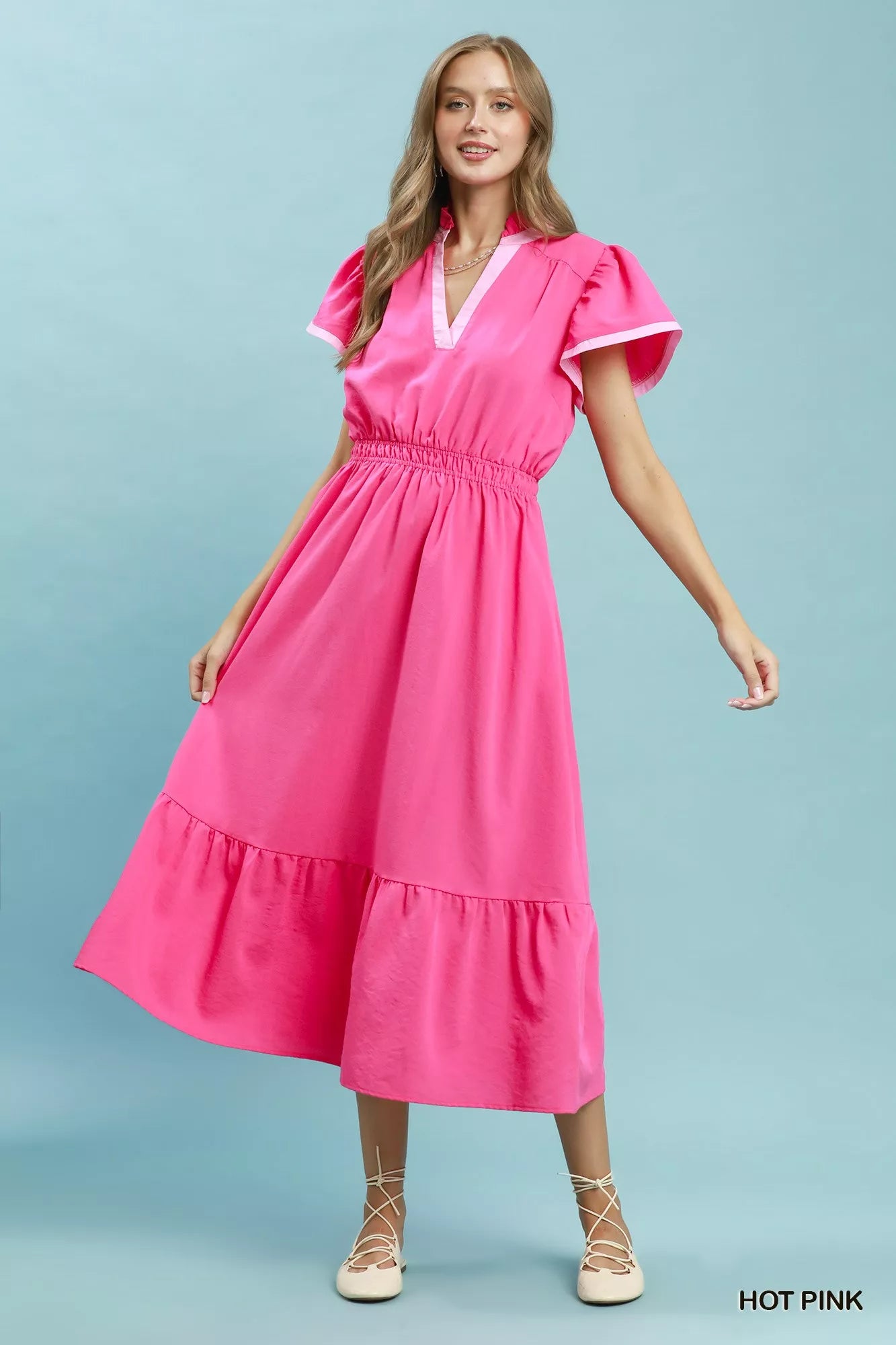 Umgee Contrast Trim Midi Dress with Tiered Ruffle Hem