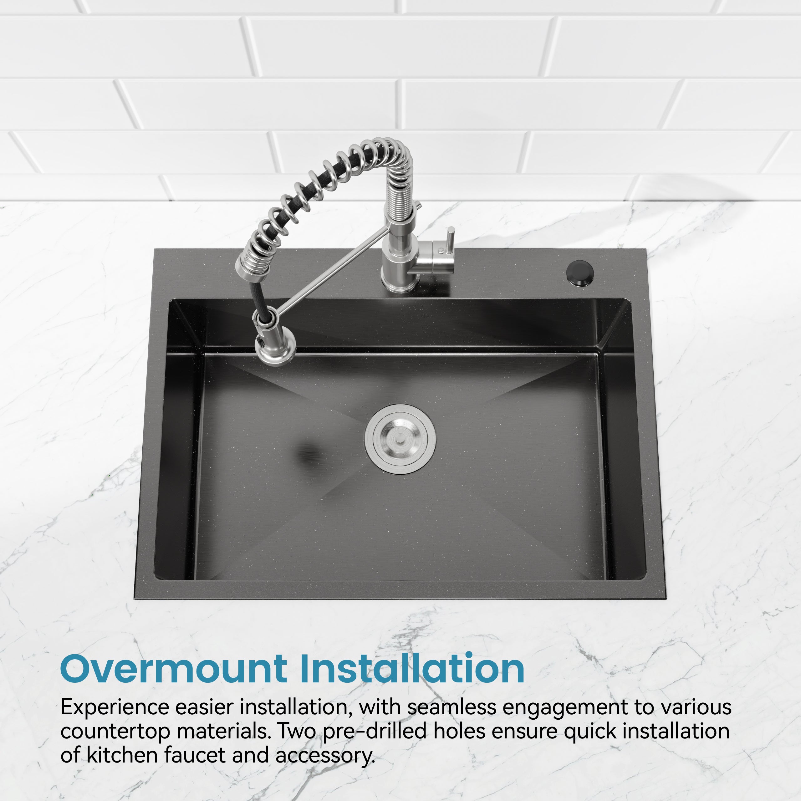Stainless Steel Kitchen Sink, 33″x22″ Single Bowl, Overmount Handmade Sink in Black, with US Standard Drain and Hook