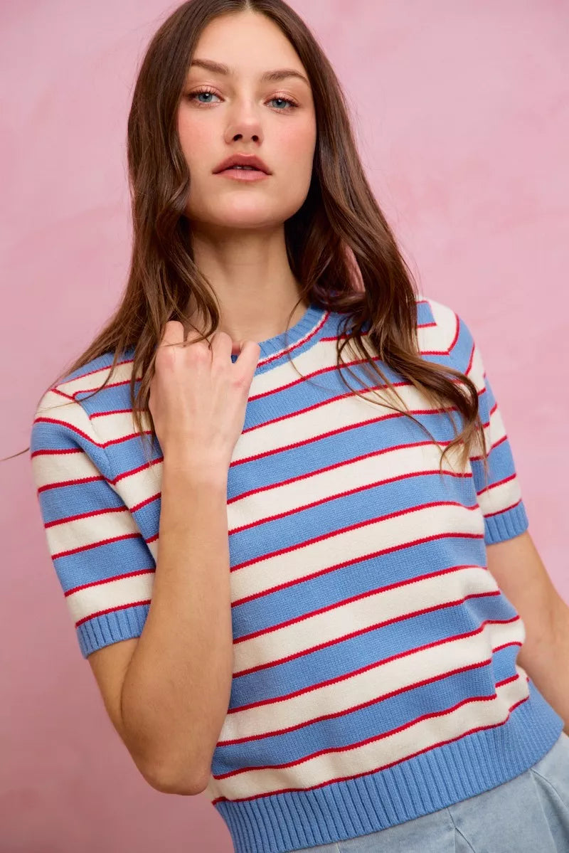 SO ME Stripe Knit Crew Neck Short Sleeves Sweater Top