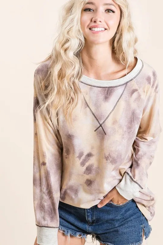 BiBi Tie Dye Terry Pull Over With Contrast Stitching