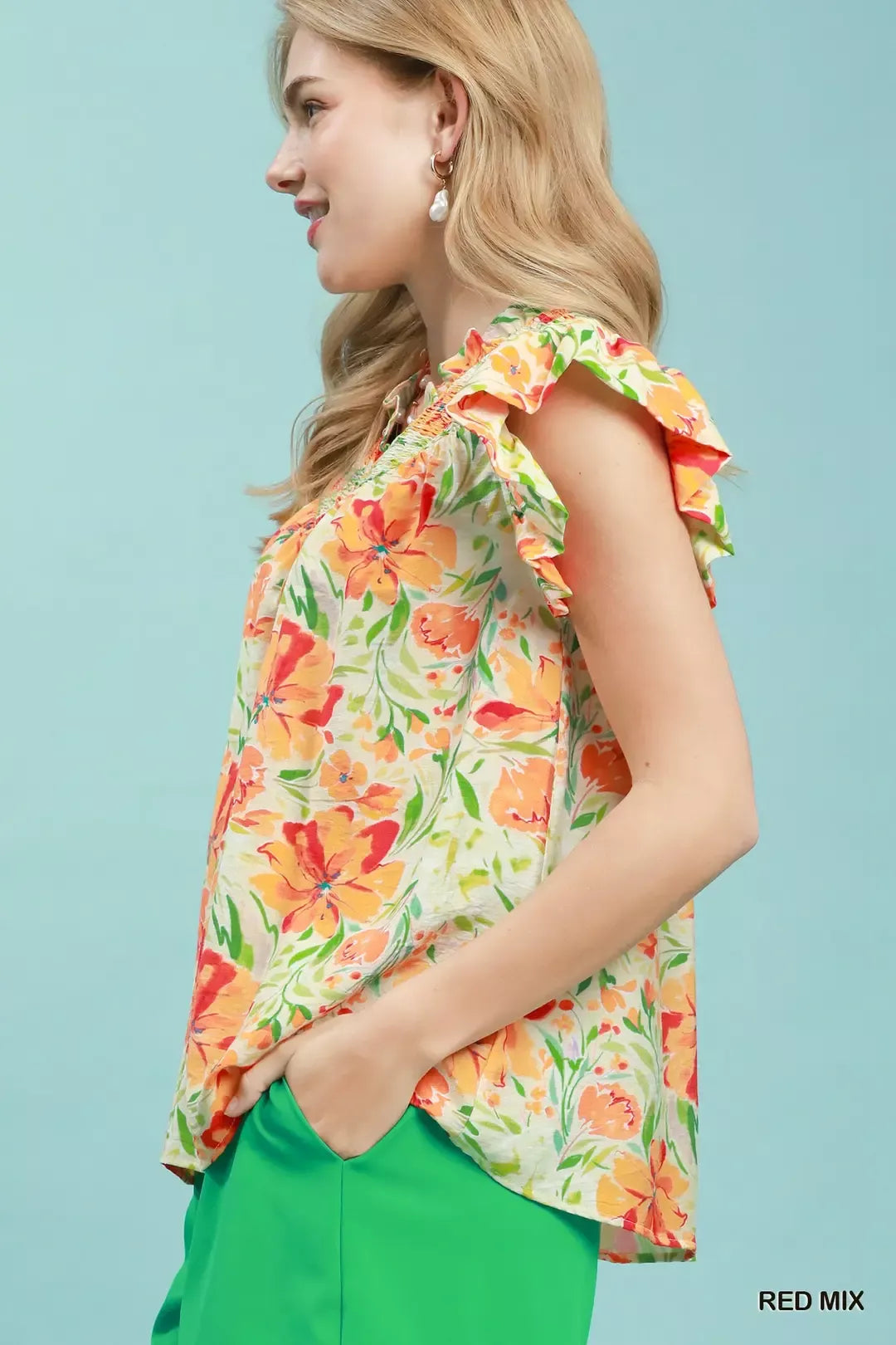 Umgee Smocked Yoke Ruffle Sleeve Floral Blouse