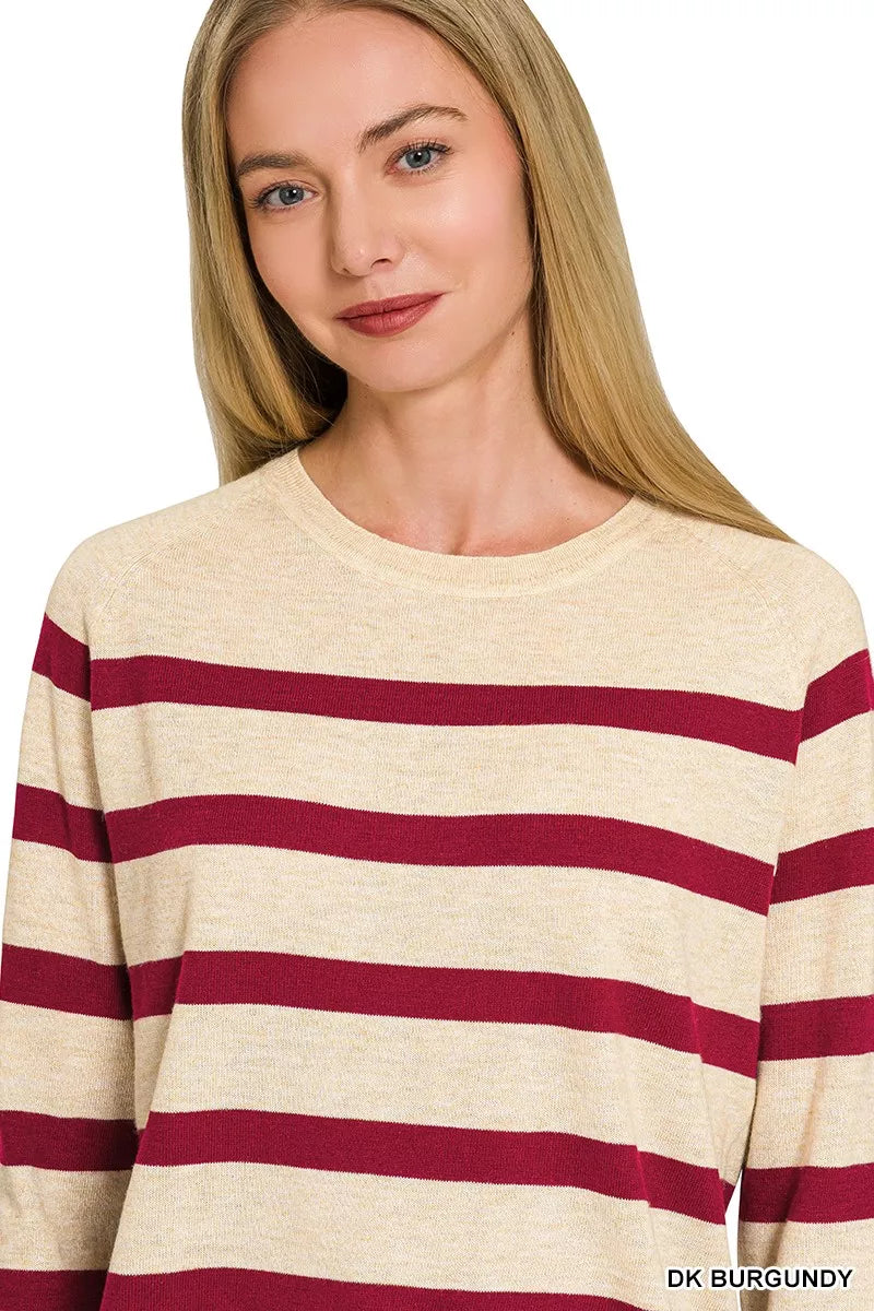 Zenana Lightweight Wool Blend Striped Round Neck Sweater