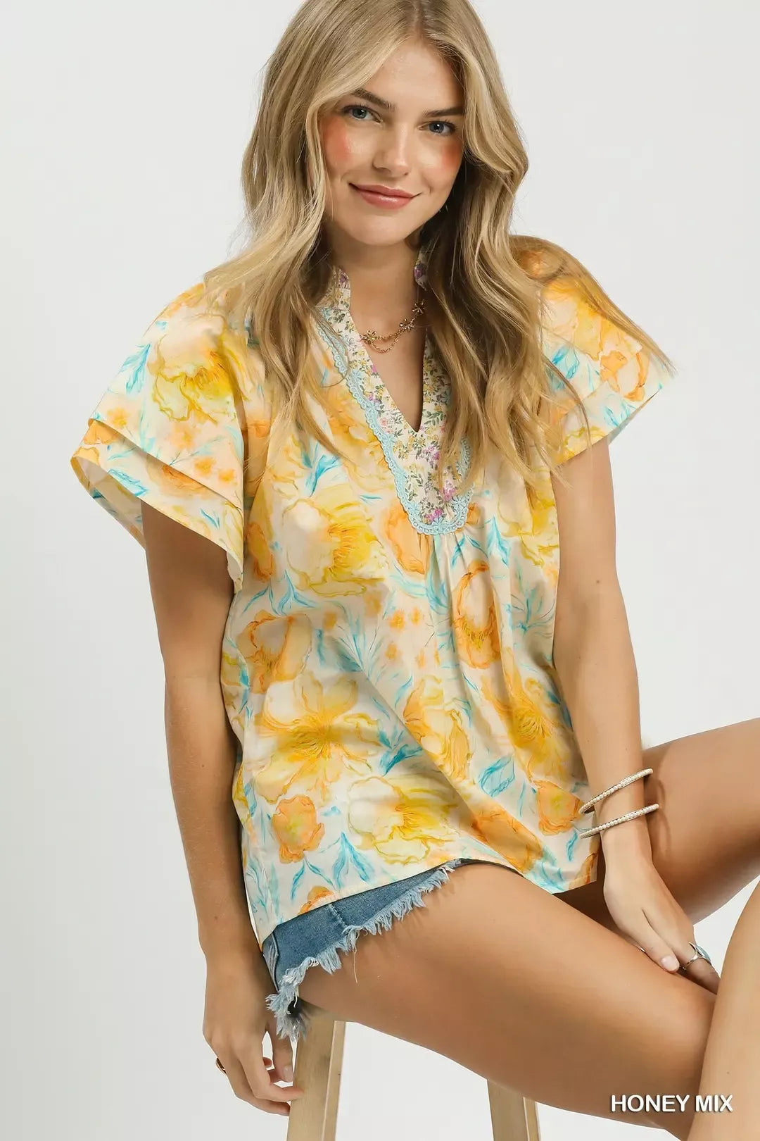 Umgee Mix Floral Print Blouse with Crochet Lace Trim