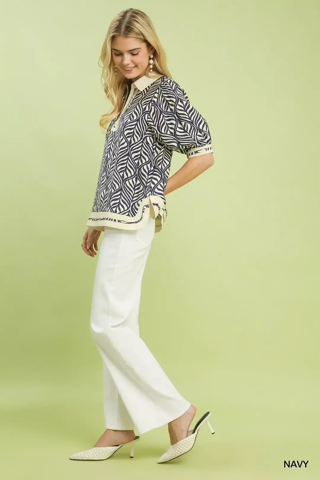 Umgee Geometric Leaf Print Popover Top