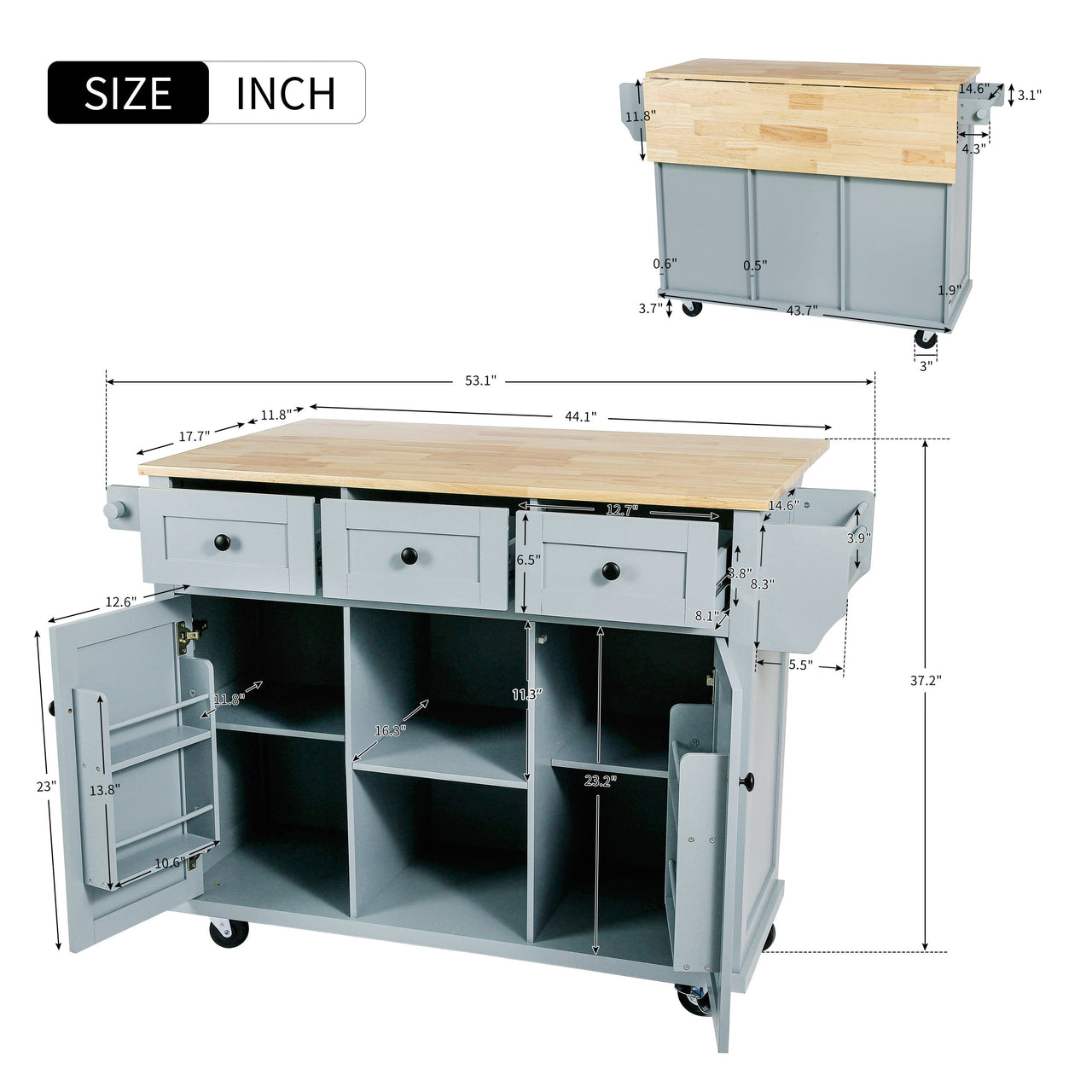 Kitchen Cart with Rubber wood Drop-Leaf Countertop ,Cabinet door internal storage racks,Kitchen Island on 5 Wheels with Storage Cabinet and 3 Drawers for Dinning Room, Grey Blue