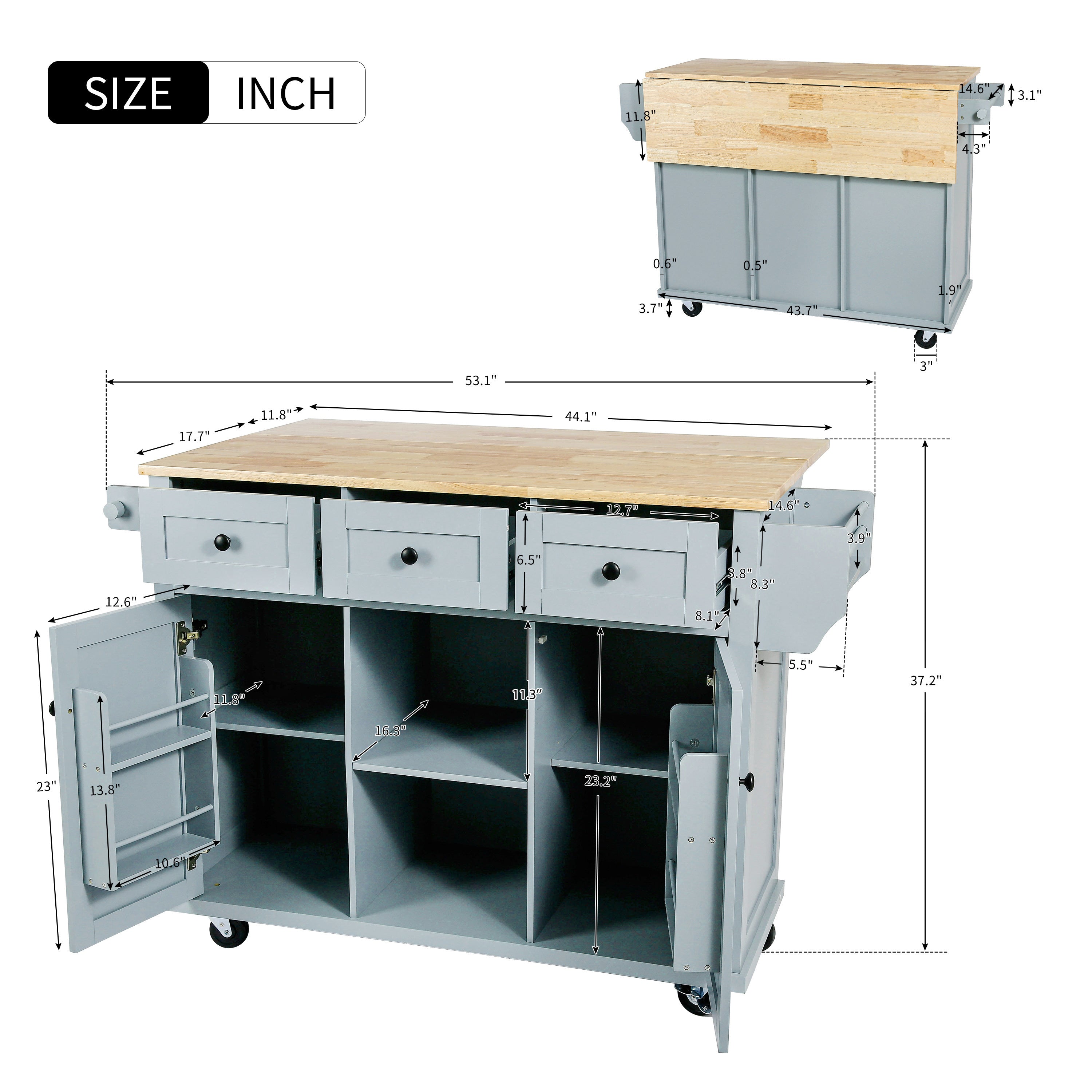 Kitchen Cart with Rubber wood Drop-Leaf Countertop ,Cabinet door internal storage racks,Kitchen Island on 5 Wheels with Storage Cabinet and 3 Drawers for Dinning Room, Grey Blue
