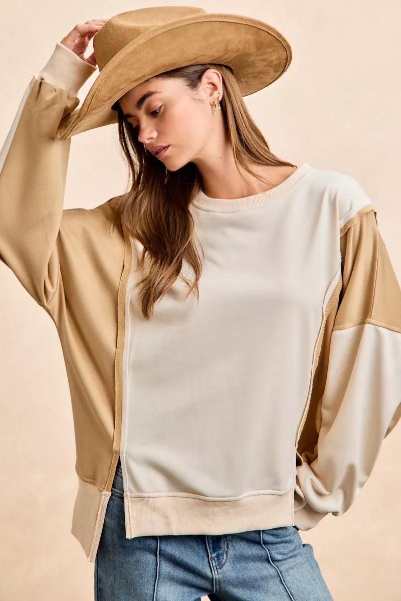 BiBi French Terry Color Block Top With Open Seam Detail